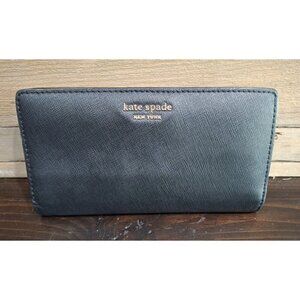 Kate Spade Cameron Black Leather Slim Bifold Wallet With Gold-Tone Zipper & Mult